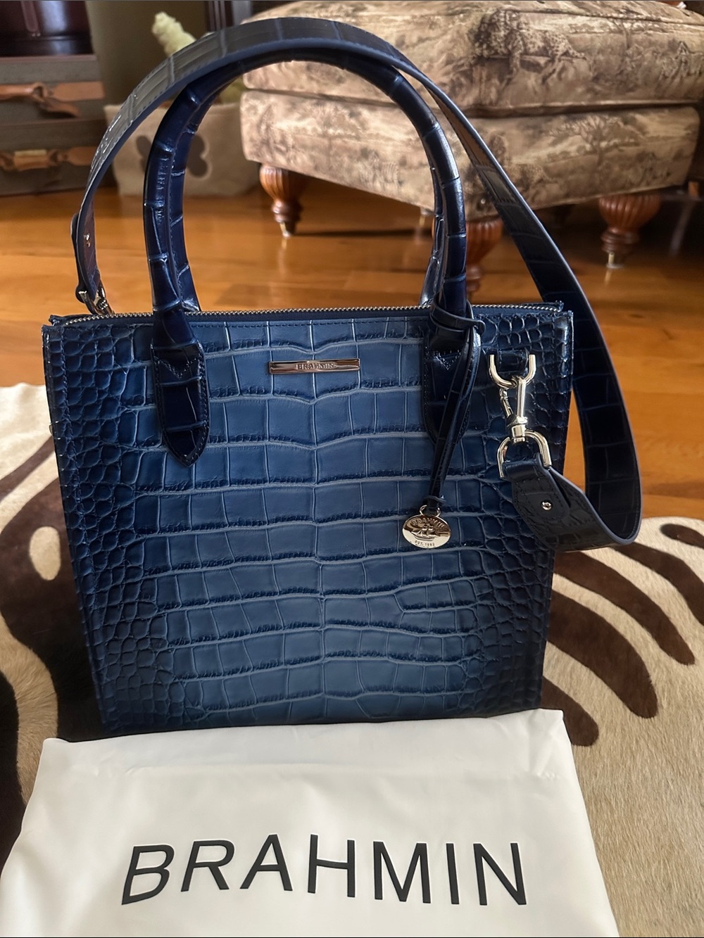 Brahmin Caroline  Navy Croc-Embossed Satchel with Detachable Strap